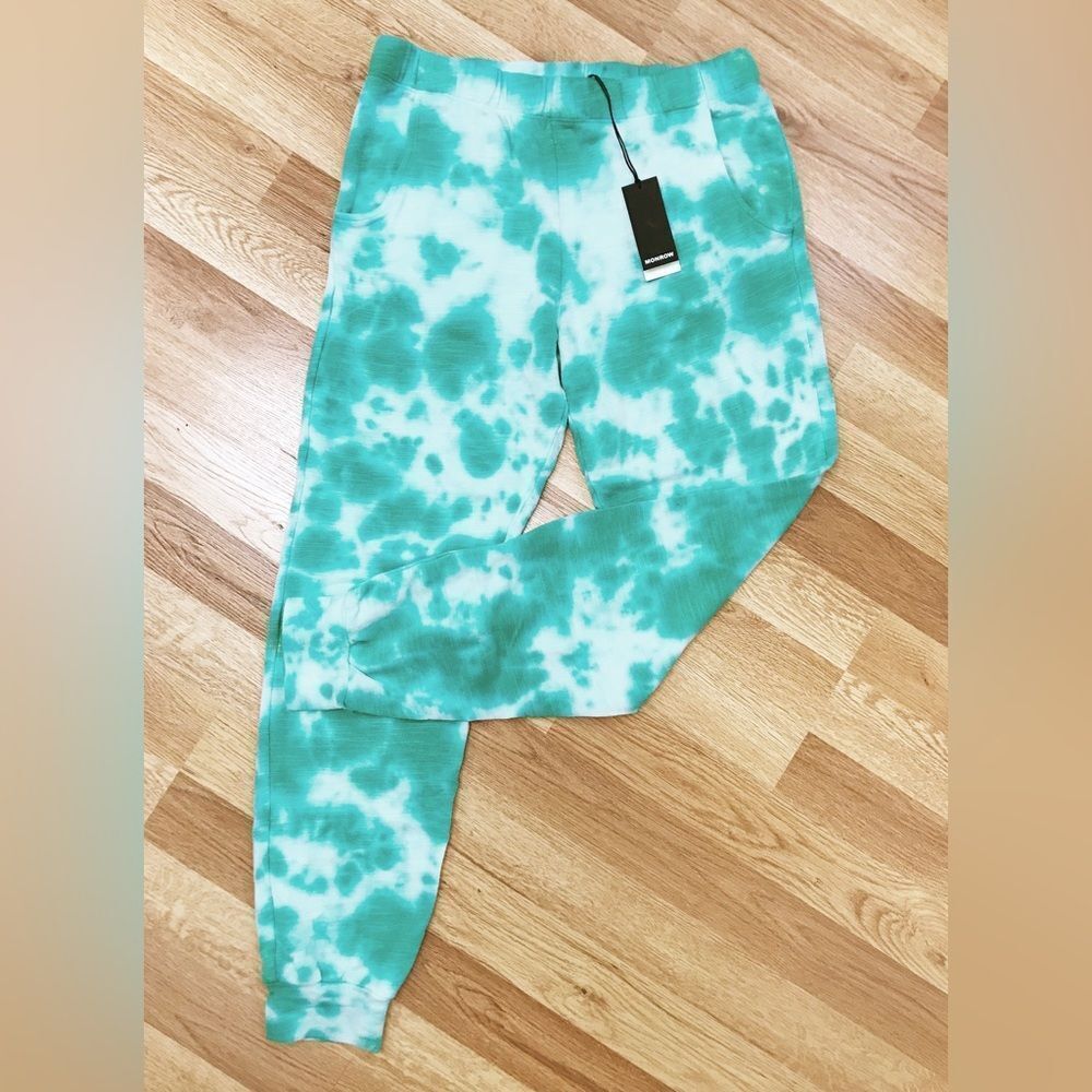 New MONROW Tie Dye Supersoft Jogger Sweats Sweatpants Green Blue Size XS X-Small
